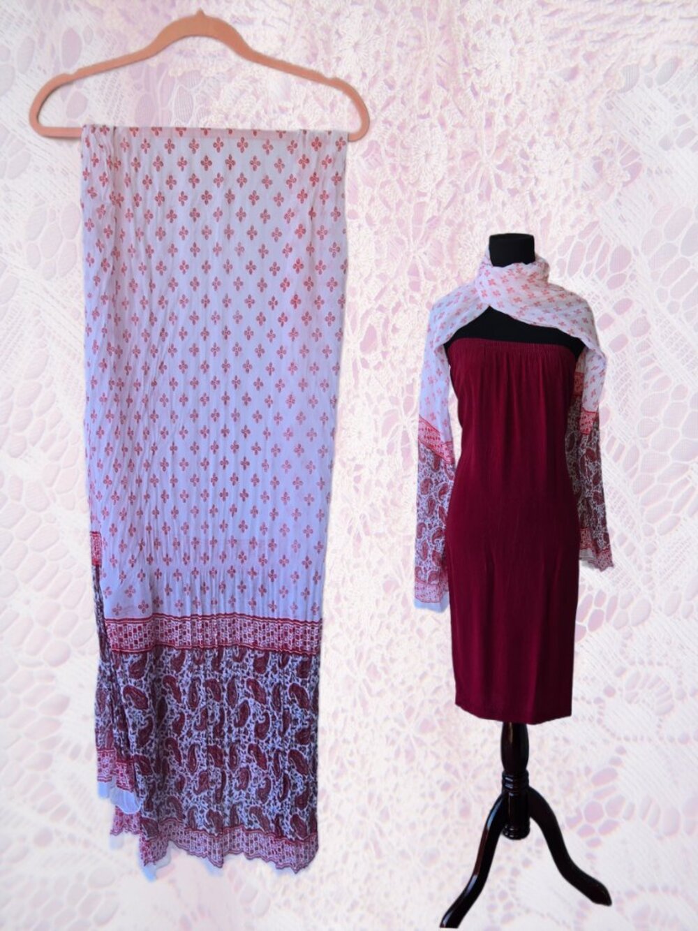 Red White Floral Boho Scarf Sheer Flowy Wrap Shawl Romantic Causual Evening